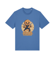 blue funny tee with the graphic of a gingerbread man dressed as a ninja and the slogan 'ginjas everywhere'