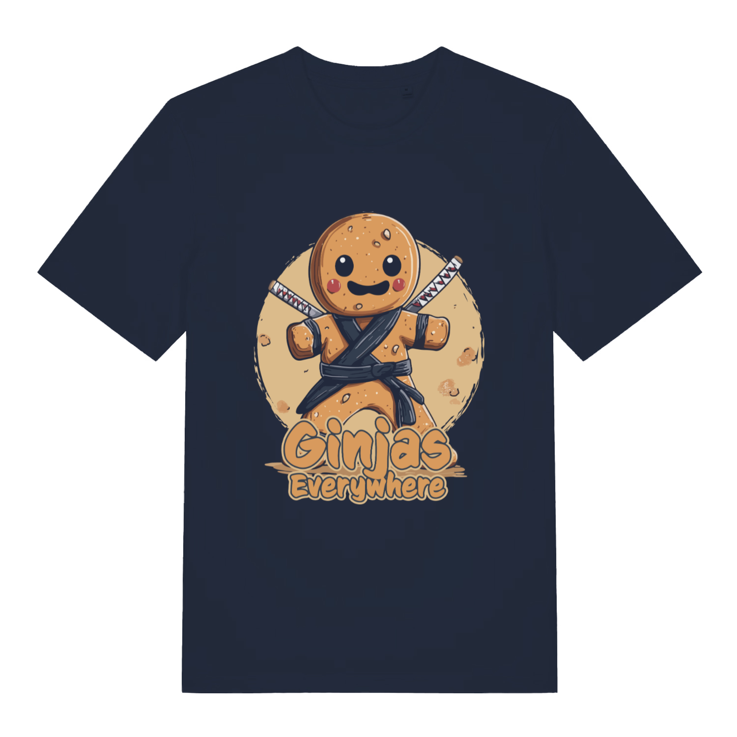 French Navy Ginjas Everywhere T-shirt flat lay featuring funny gingerbread ninja design