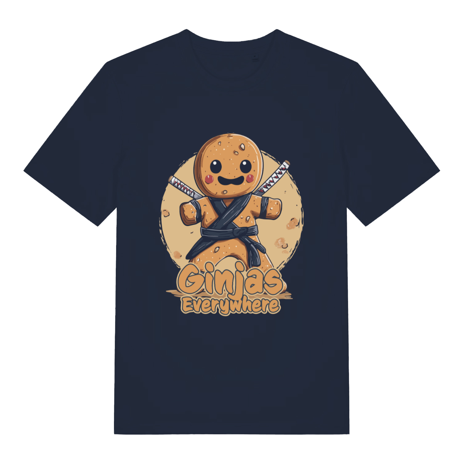 French Navy Ginjas Everywhere T-shirt flat lay featuring funny gingerbread ninja design