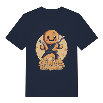 French Navy Ginjas Everywhere T-shirt flat lay featuring funny gingerbread ninja design