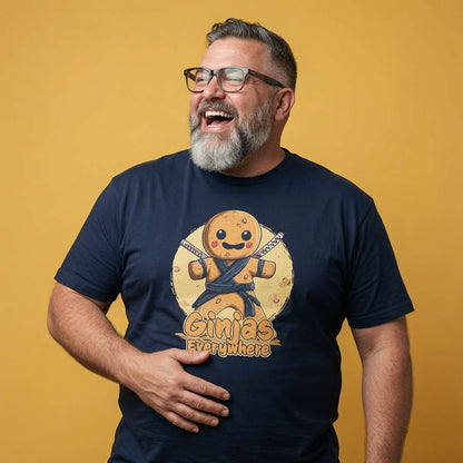 Man laughing with one hand on his stomach in a french navy Ginjas Everywhere t-shirt, funny mens witty ginger graphic design that every cheeky lad will claim
