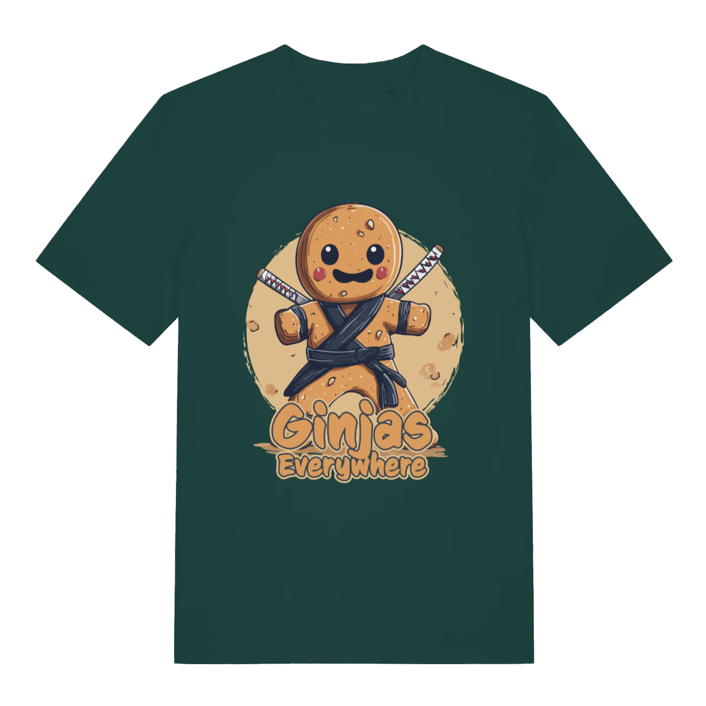 Glazed Green Ginjas Everywhere T-shirt flat lay showing stealthy gingerbread ninja