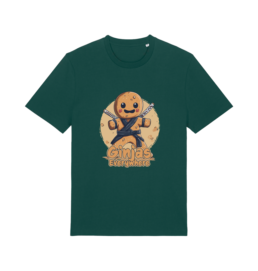 green funny tee with the graphic of a gingerbread man dressed as a ninja and the slogan 'ginjas everywhere'