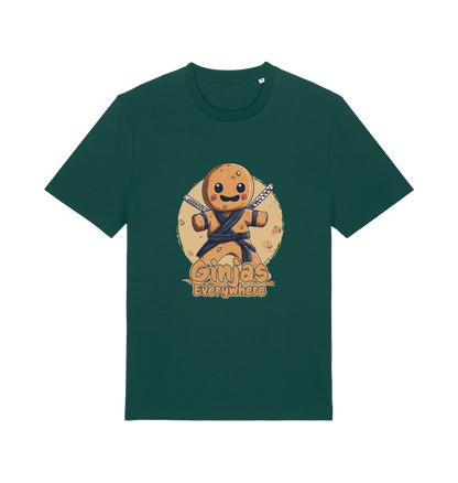 green funny tee with the graphic of a gingerbread man dressed as a ninja and the slogan 'ginjas everywhere'
