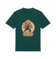 green funny tee with the graphic of a gingerbread man dressed as a ninja and the slogan 'ginjas everywhere'
