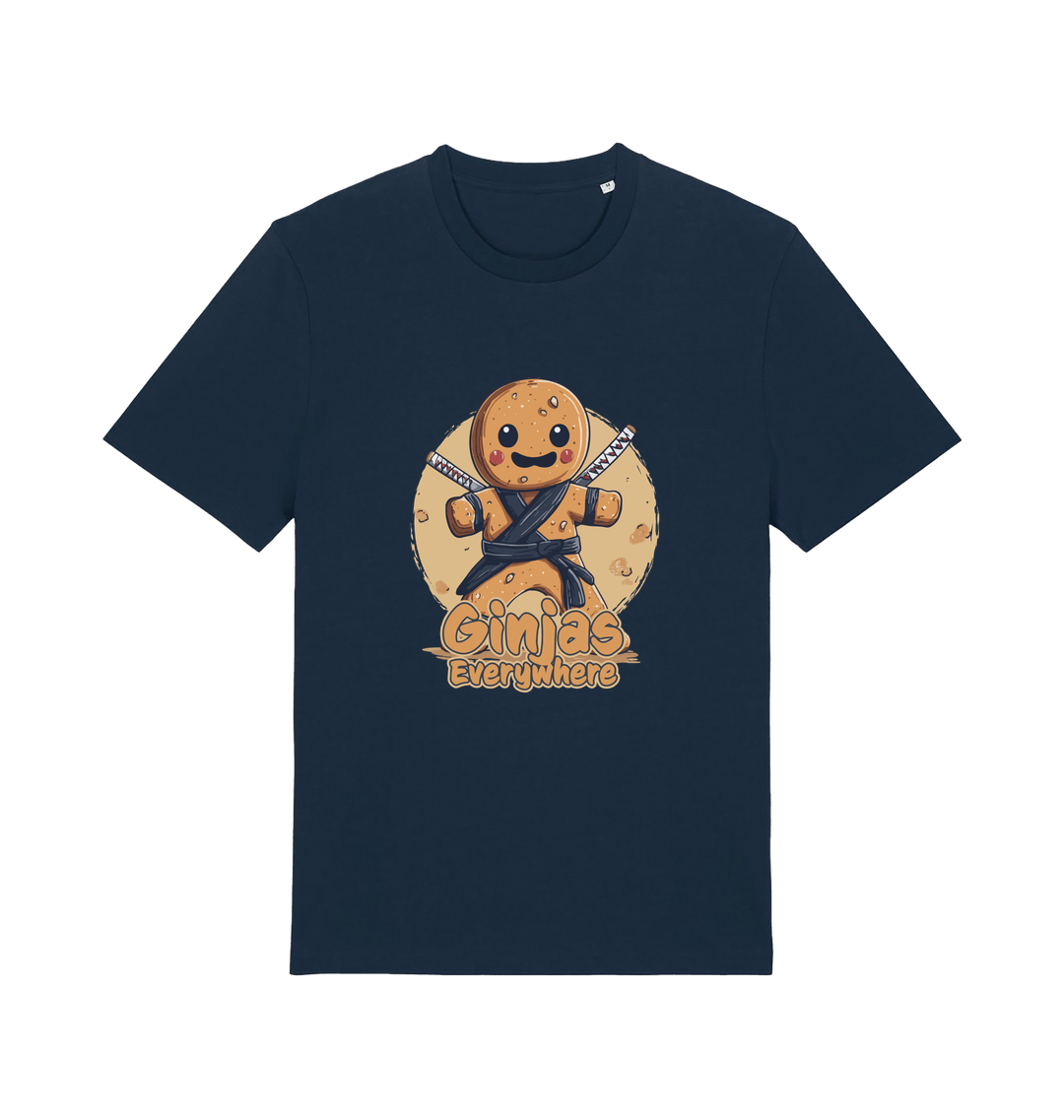 navy funny tee with the graphic of a gingerbread man dressed as a ninja and the slogan 'ginjas everywhere'
