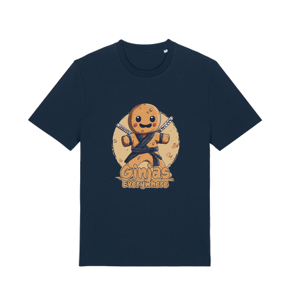 navy funny tee with the graphic of a gingerbread man dressed as a ninja and the slogan 'ginjas everywhere'