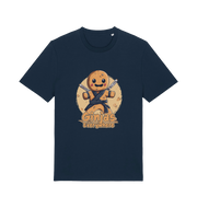 navy funny tee with the graphic of a gingerbread man dressed as a ninja and the slogan 'ginjas everywhere'