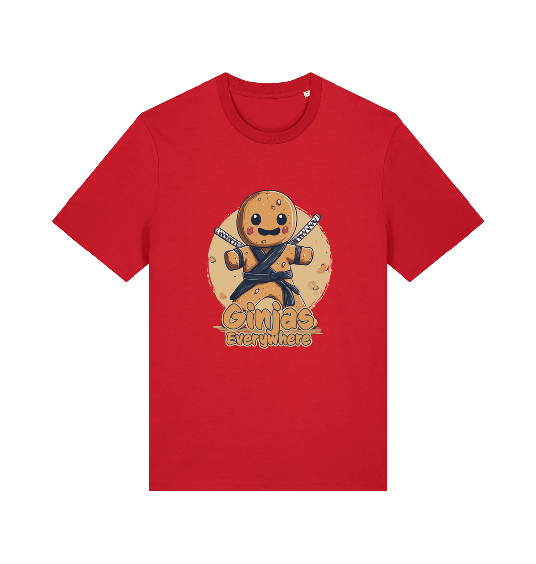 red funny tee with the graphic of a gingerbread man dressed as a ninja and the slogan 'ginjas everywhere'