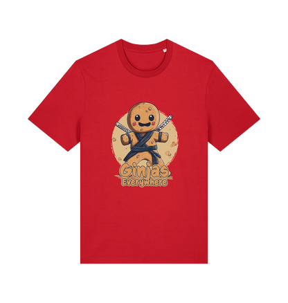 red funny tee with the graphic of a gingerbread man dressed as a ninja and the slogan 'ginjas everywhere'