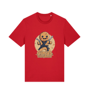 red funny tee with the graphic of a gingerbread man dressed as a ninja and the slogan 'ginjas everywhere'