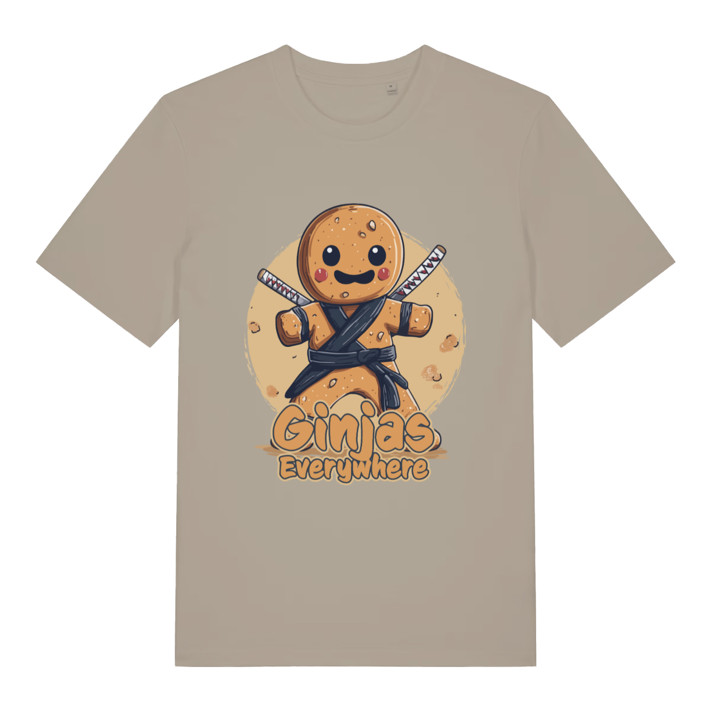 Stone Ginjas Everywhere T-shirt flat lay with adorable ninja gingerbread illustration