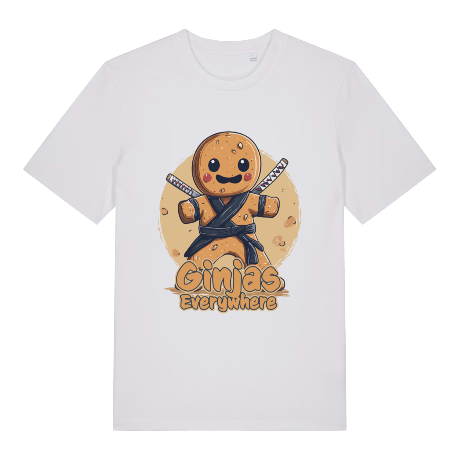 White Ginjas Everywhere T-shirt flat lay with gingerbread ninja "Ginjas Everywhere" Christmas graphic