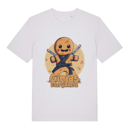 White Ginjas Everywhere T-shirt flat lay with gingerbread ninja "Ginjas Everywhere" Christmas graphic