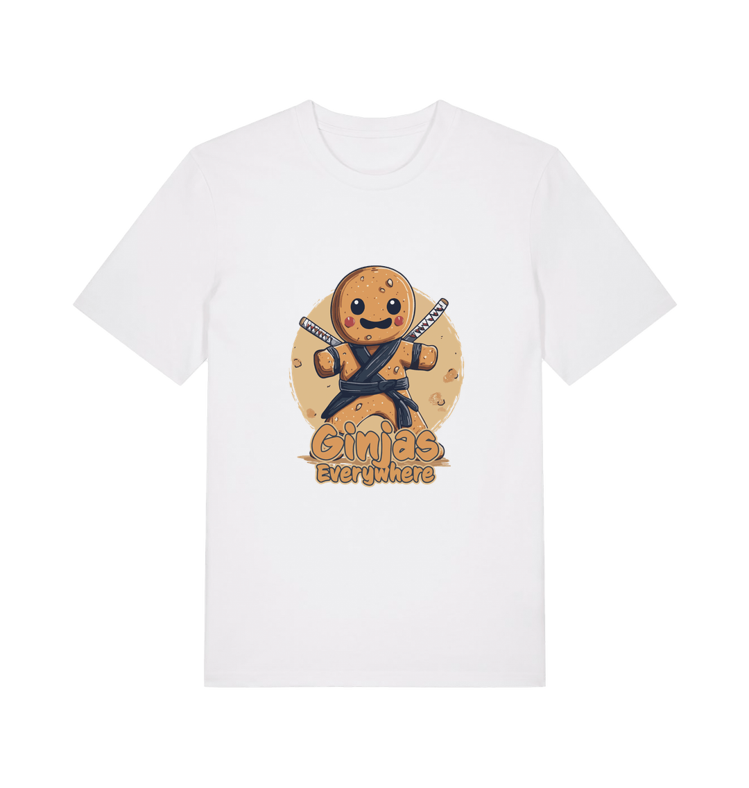 white funny tee with the graphic of a gingerbread man dressed as a ninja and the slogan 'ginjas everywhere'