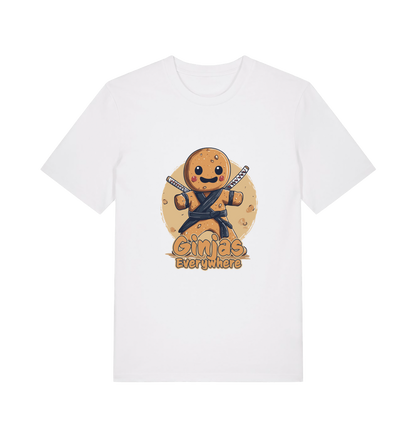 white funny tee with the graphic of a gingerbread man dressed as a ninja and the slogan 'ginjas everywhere'
