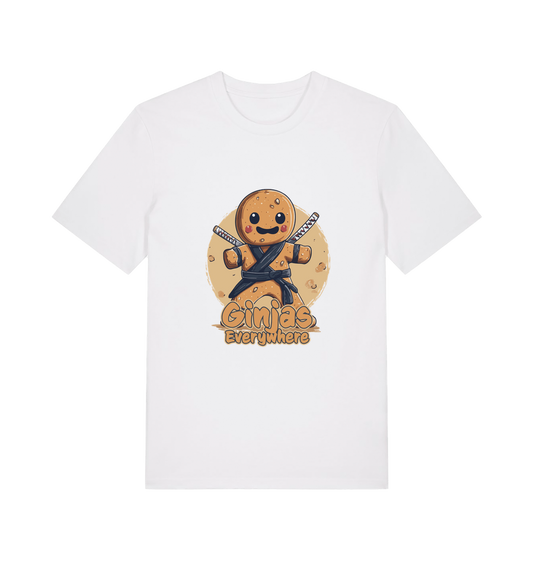 white funny tee with the graphic of a gingerbread man dressed as a ninja and the slogan 'ginjas everywhere'