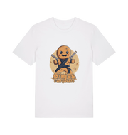 white funny tee with the graphic of a gingerbread man dressed as a ninja and the slogan 'ginjas everywhere'