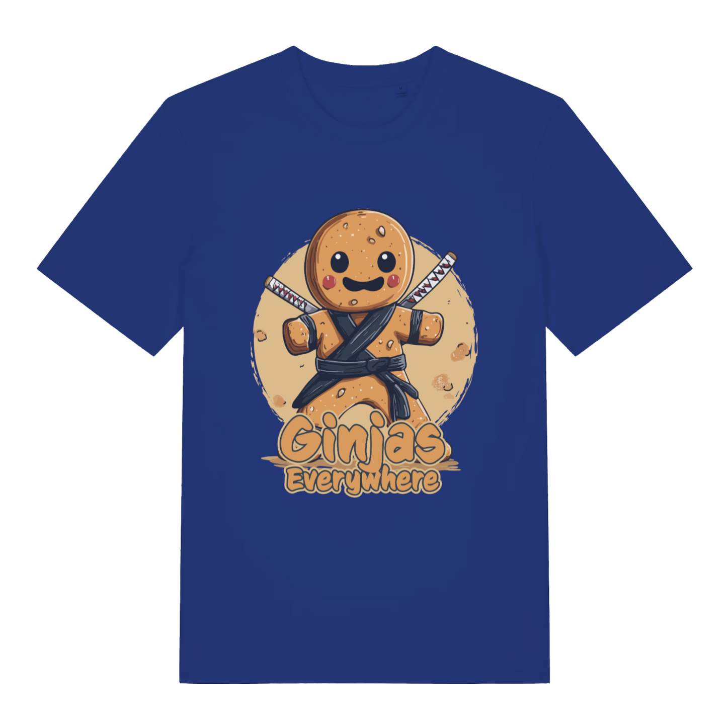 Worker Blue Ginjas Everywhere T-shirt flat lay displaying Ginjas Everywhere graphic