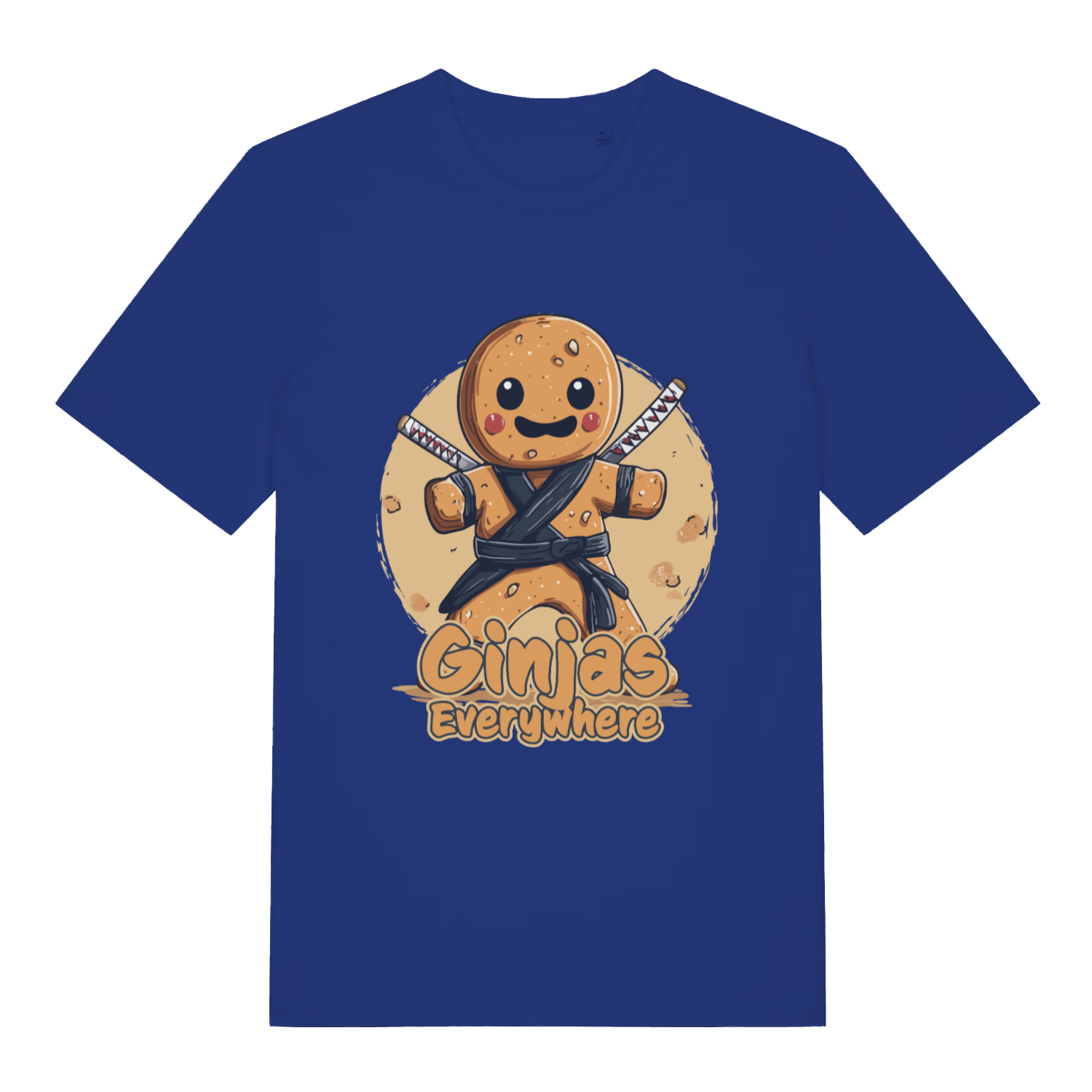 Worker Blue Ginjas Everywhere T-shirt flat lay displaying Ginjas Everywhere graphic