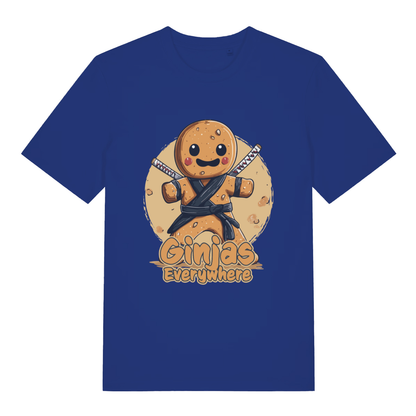 Worker Blue Ginjas Everywhere T-shirt flat lay displaying Ginjas Everywhere graphic