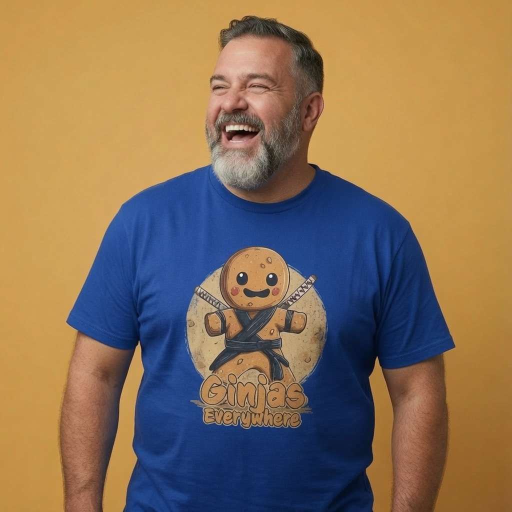 Man laughing with head tilted back while wearing a worker blue Ginjas Everywhere t-shirt, funny mens gingerbread pun graphic design full of pure attitude