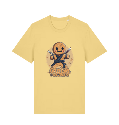 yellow funny tee with the graphic of a gingerbread man dressed as a ninja and the slogan 'ginjas everywhere'