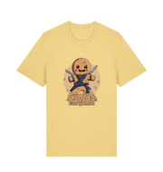 yellow funny tee with the graphic of a gingerbread man dressed as a ninja and the slogan 'ginjas everywhere'