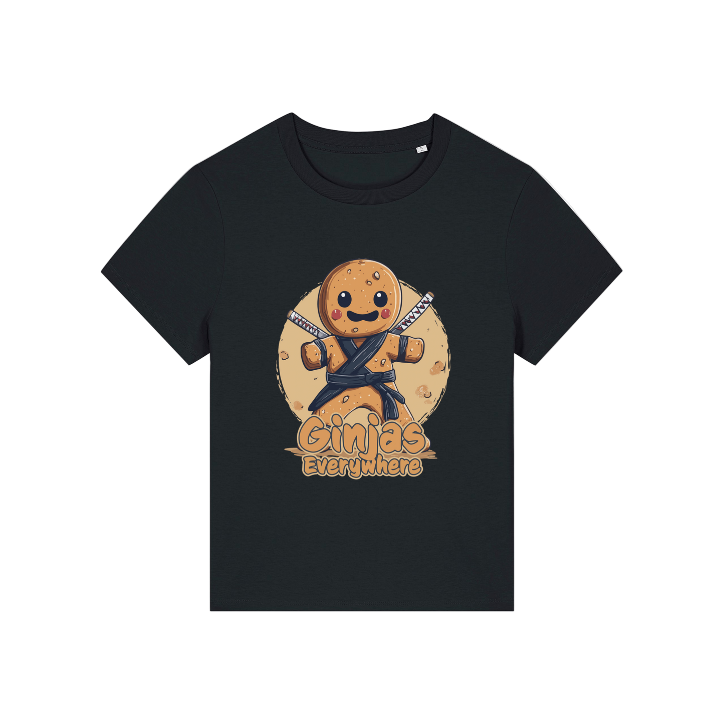 black funny graphic t-shirt with a gingerbread man dressed as a ninja and the slogan 'ginjas everywhere'