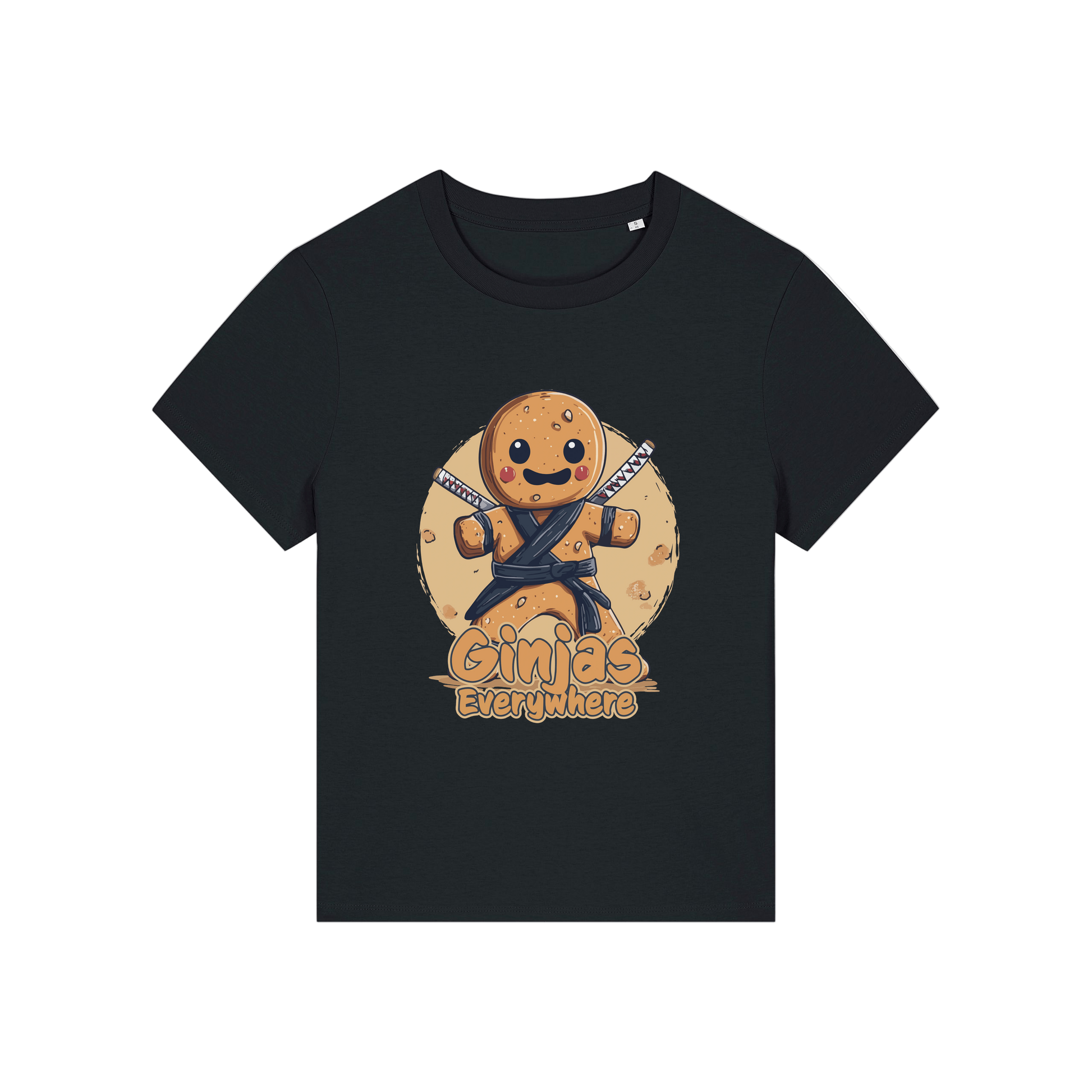 black funny graphic t-shirt with a gingerbread man dressed as a ninja and the slogan 'ginjas everywhere'