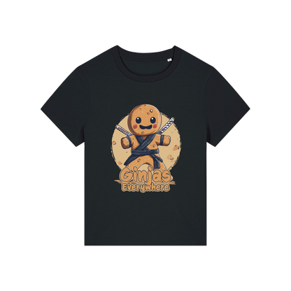 black funny graphic t-shirt with a gingerbread man dressed as a ninja and the slogan 'ginjas everywhere'