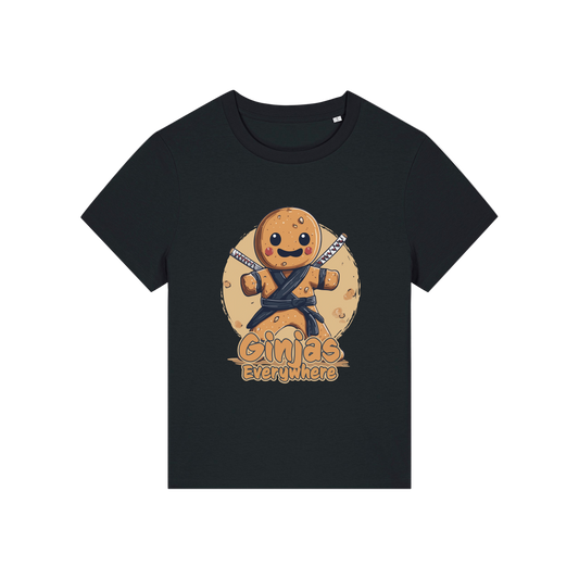 black funny graphic t-shirt with a gingerbread man dressed as a ninja and the slogan 'ginjas everywhere'