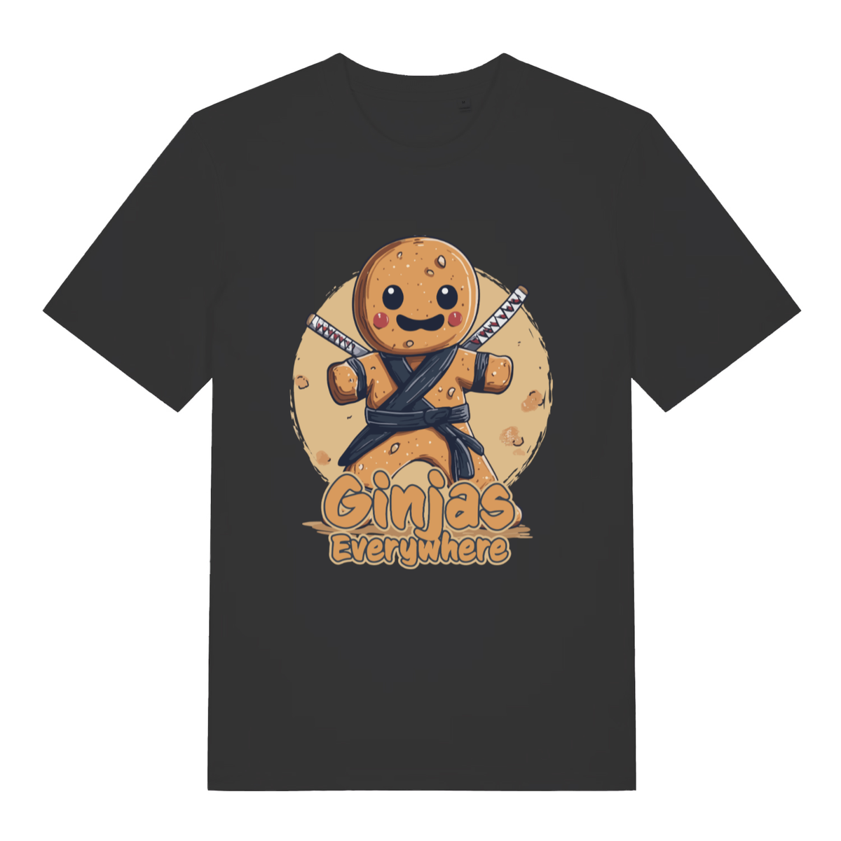 Black women's Ginjas Everywhere T-shirt flat lay with gingerbread ninja "Ginjas Everywhere" graphic