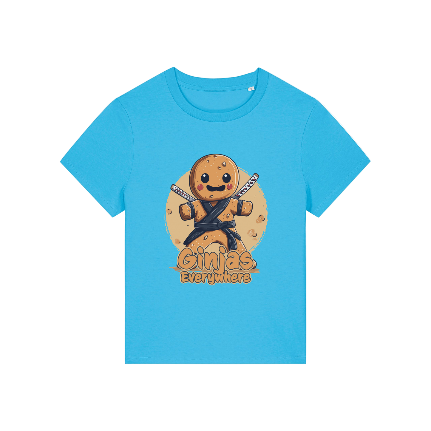 blue funny graphic t-shirt with a gingerbread man dressed as a ninja and the slogan 'ginjas everywhere'