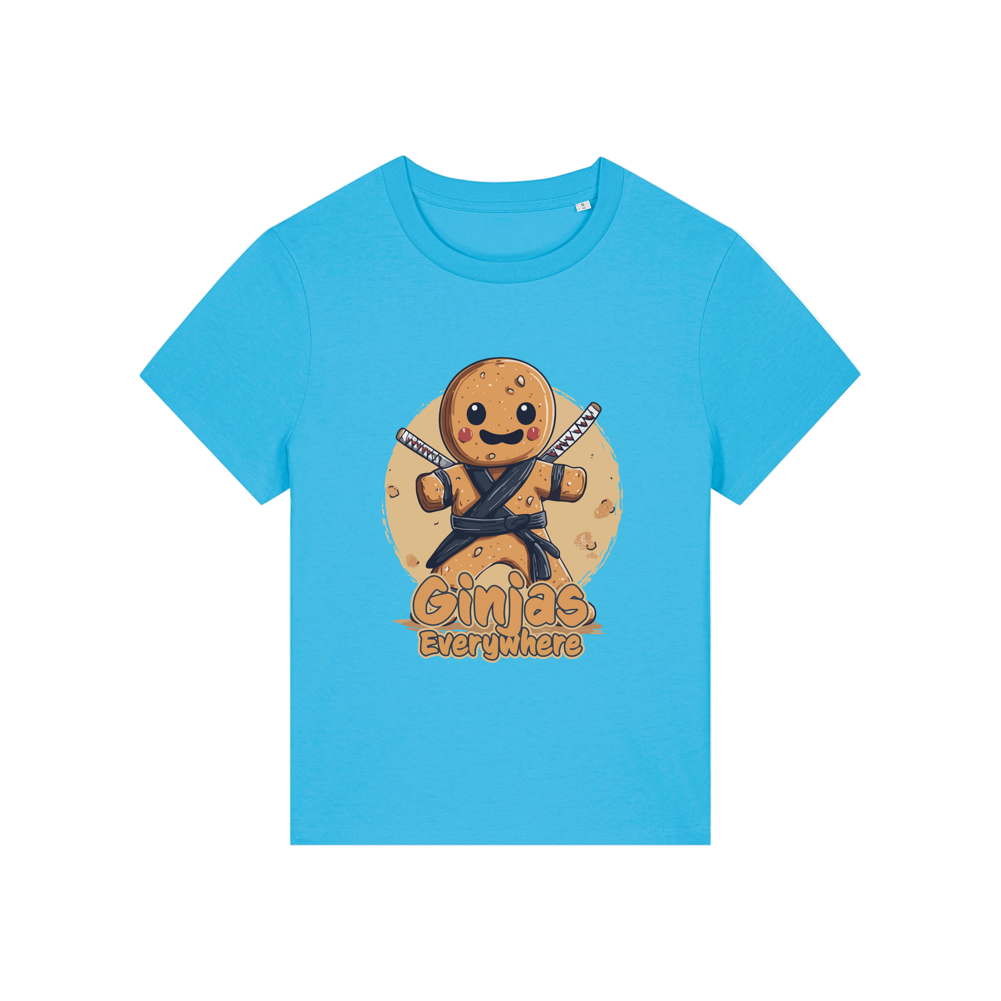 blue funny graphic t-shirt with a gingerbread man dressed as a ninja and the slogan 'ginjas everywhere'