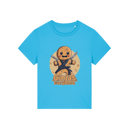 blue funny graphic t-shirt with a gingerbread man dressed as a ninja and the slogan 'ginjas everywhere'