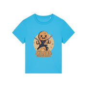 blue funny graphic t-shirt with a gingerbread man dressed as a ninja and the slogan 'ginjas everywhere'