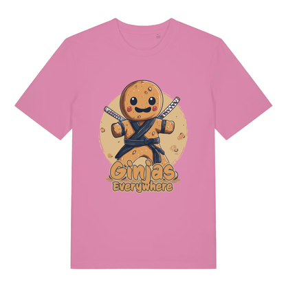 Bubble Pink women's Ginjas Everywhere T-shirt flat lay featuring funny gingerbread ninja design