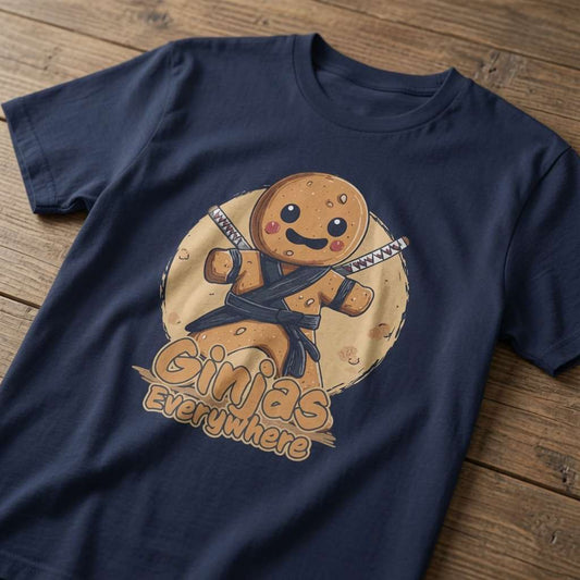 French navy Ginjas Everywhere t-shirt laid flat on a wooden surface showing the full ninja gingerbread man graphic, humorous ladies cheeky pun graphic design full of pure attitude that every no-nonsense lady will claim