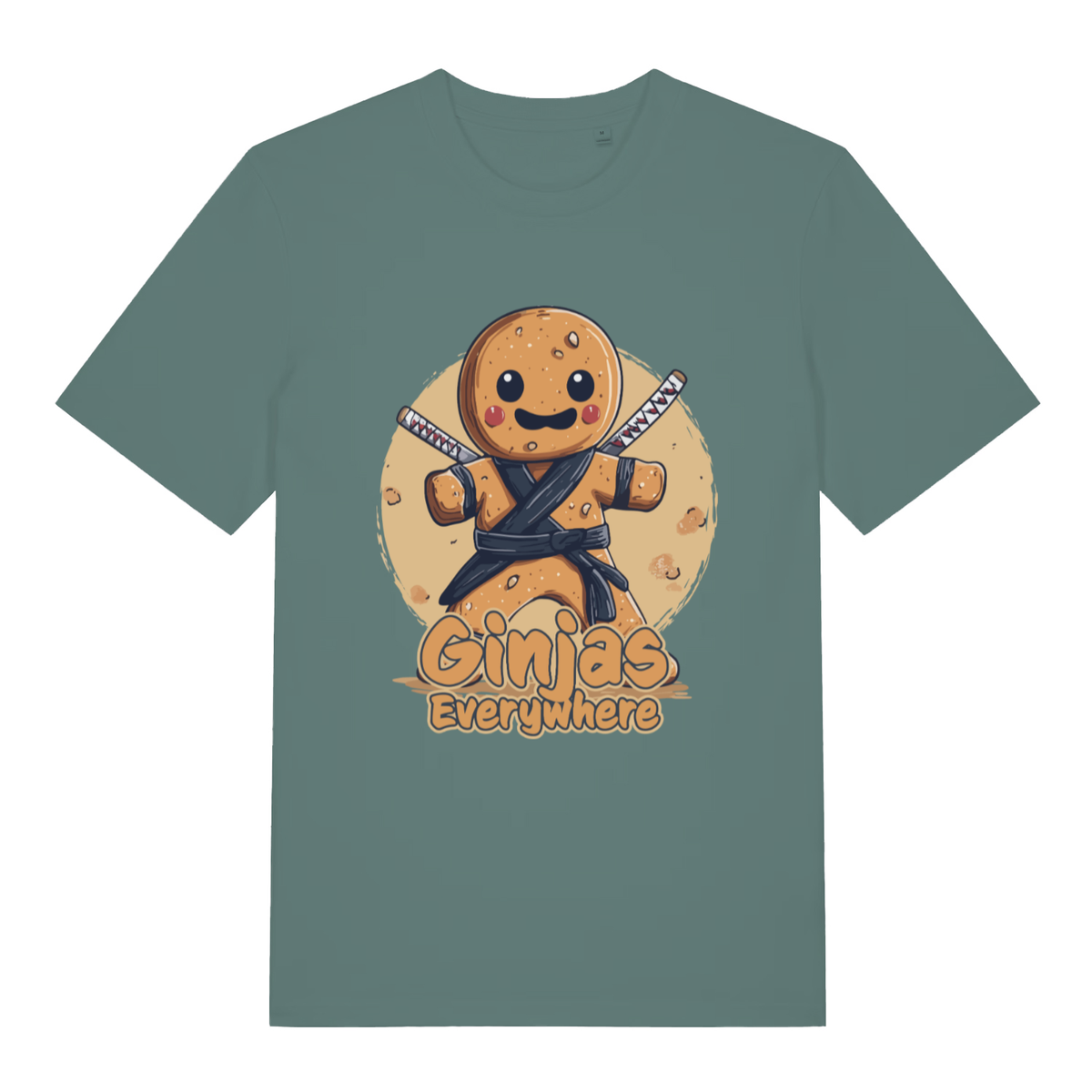 Green Bay women's Ginjas Everywhere T-shirt flat lay with adorable ninja gingerbread illustration