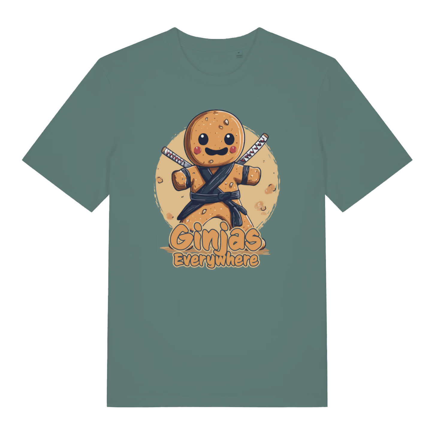 green women's funny graphic t-shirt with the graphic of a gingerbread man and the slogan 'ginjas everywhere'