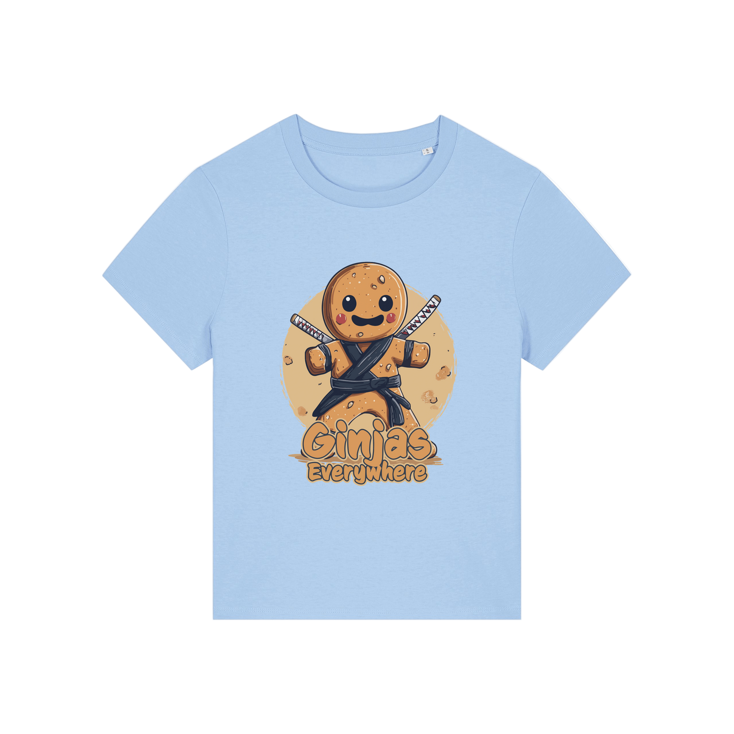 light blue funny graphic t-shirt with a gingerbread man dressed as a ninja and the slogan 'ginjas everywhere'