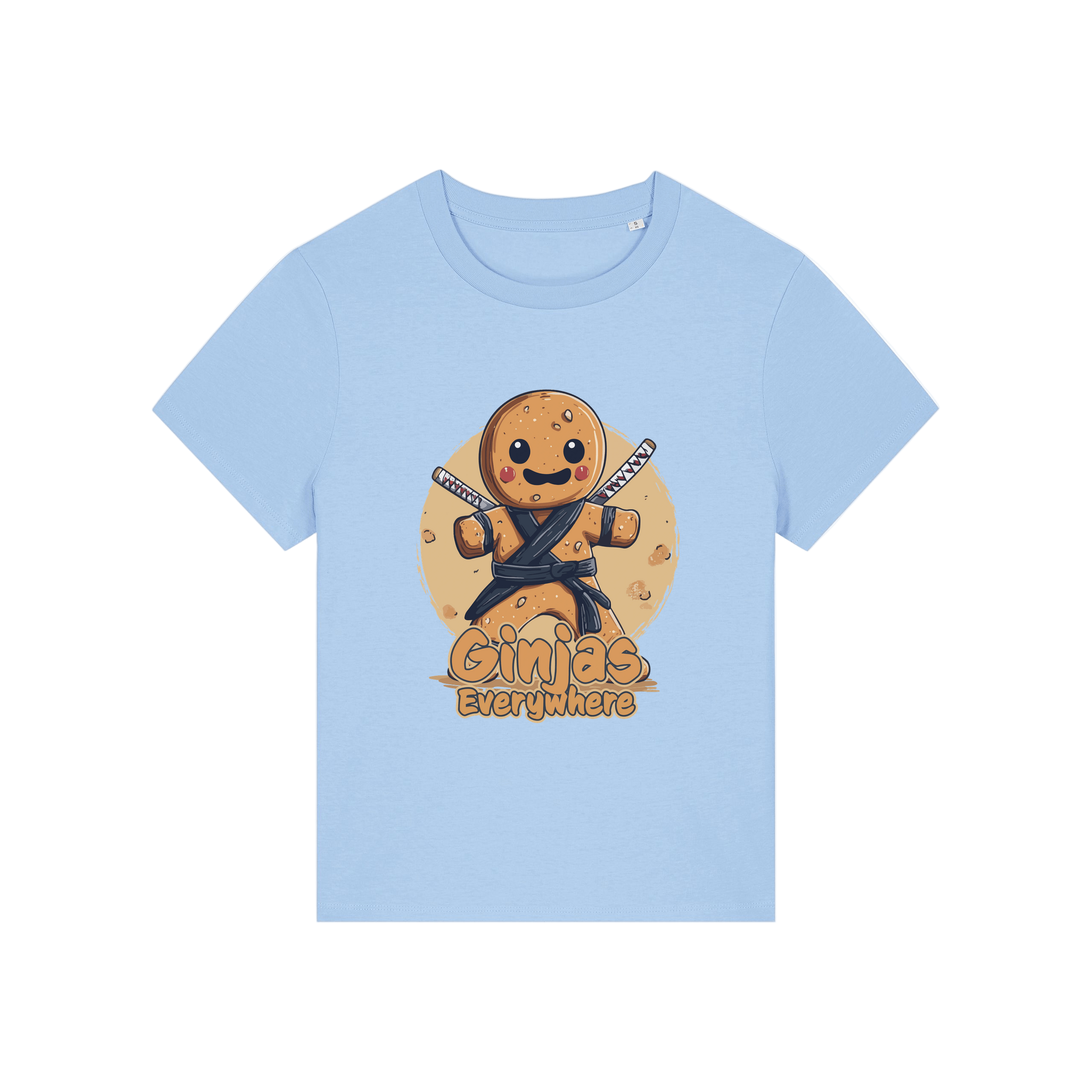 light blue funny graphic t-shirt with a gingerbread man dressed as a ninja and the slogan 'ginjas everywhere'