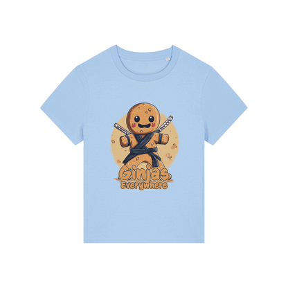 light blue funny graphic t-shirt with a gingerbread man dressed as a ninja and the slogan 'ginjas everywhere'