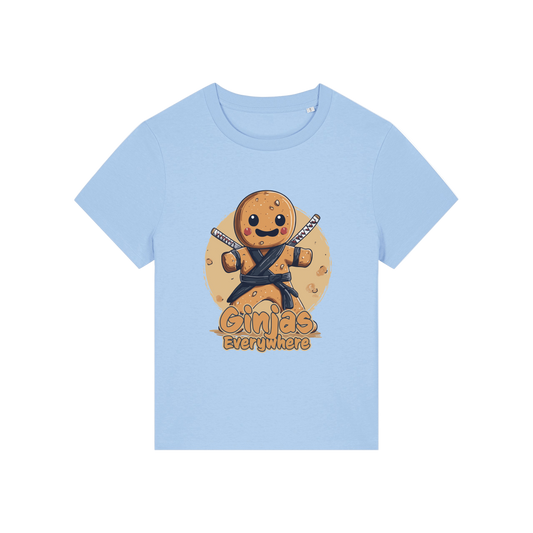light blue funny graphic t-shirt with a gingerbread man dressed as a ninja and the slogan 'ginjas everywhere'