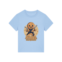 light blue funny graphic t-shirt with a gingerbread man dressed as a ninja and the slogan 'ginjas everywhere'