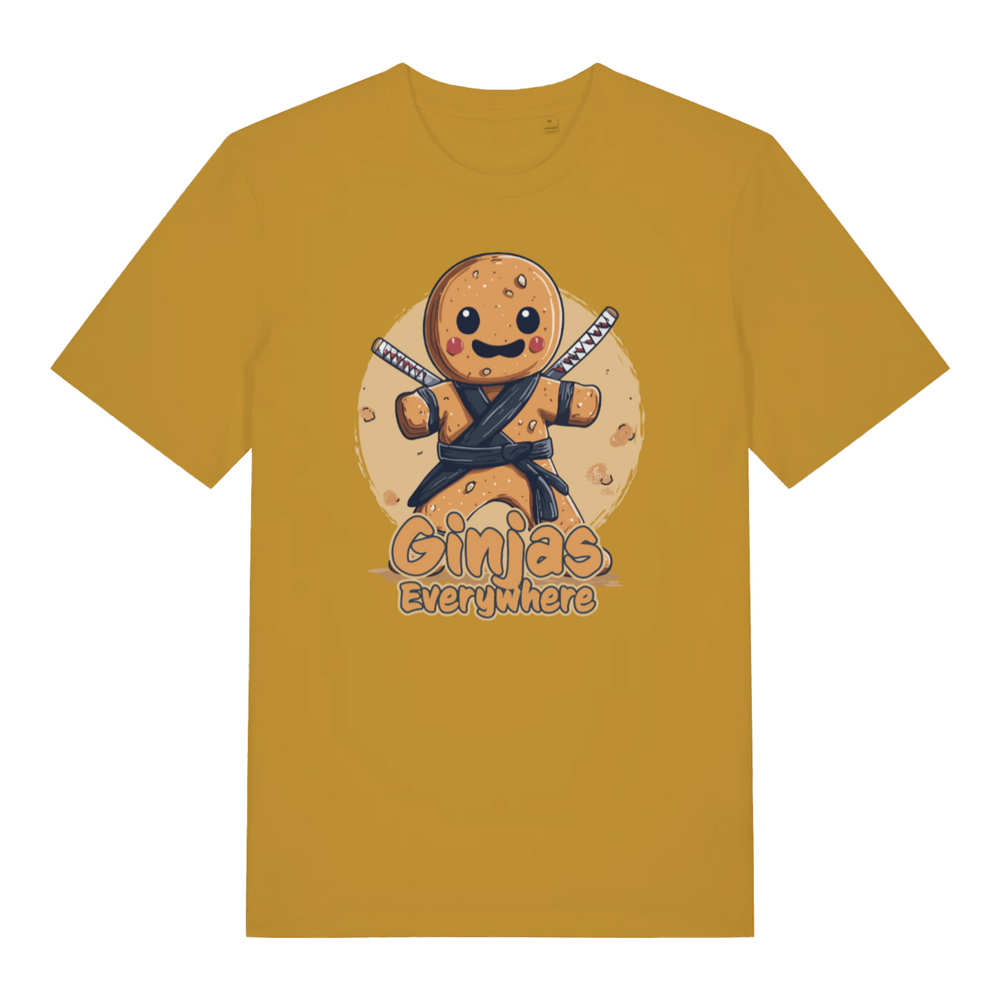 mustard women's funny graphic t-shirt with the graphic of a gingerbread man and the slogan 'ginjas everywhere'