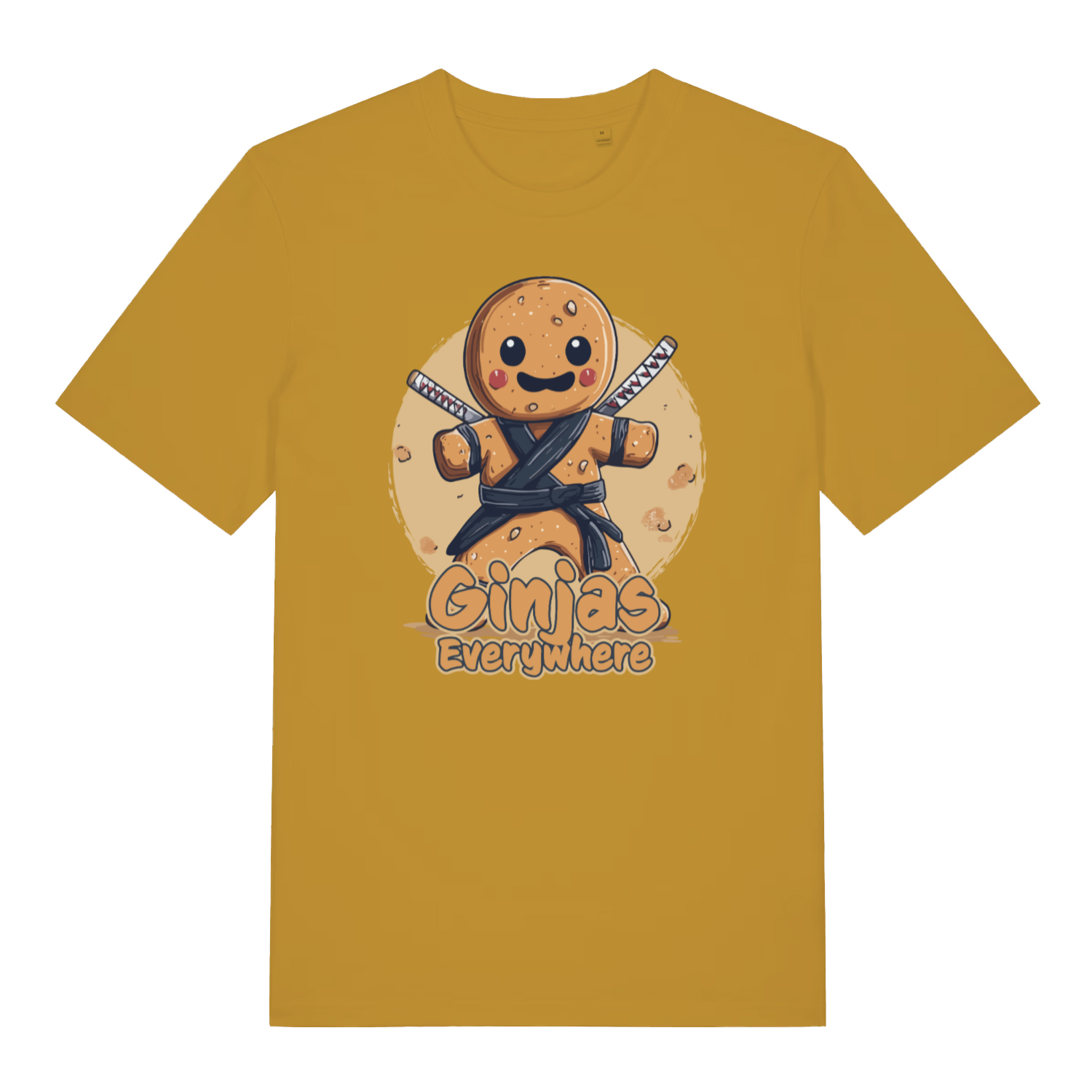 mustard women's funny graphic t-shirt with the graphic of a gingerbread man and the slogan 'ginjas everywhere'