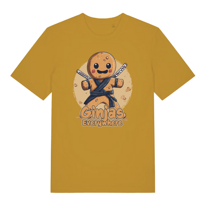 mustard women's funny graphic t-shirt with the graphic of a gingerbread man and the slogan 'ginjas everywhere'