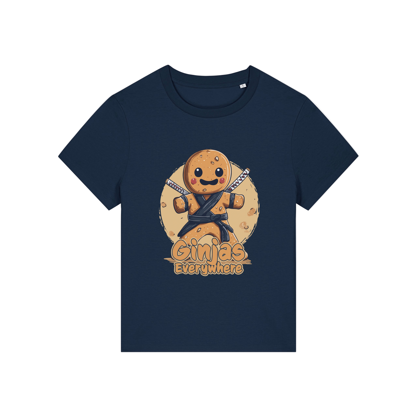 navy funny graphic t-shirt with a gingerbread man dressed as a ninja and the slogan 'ginjas everywhere'